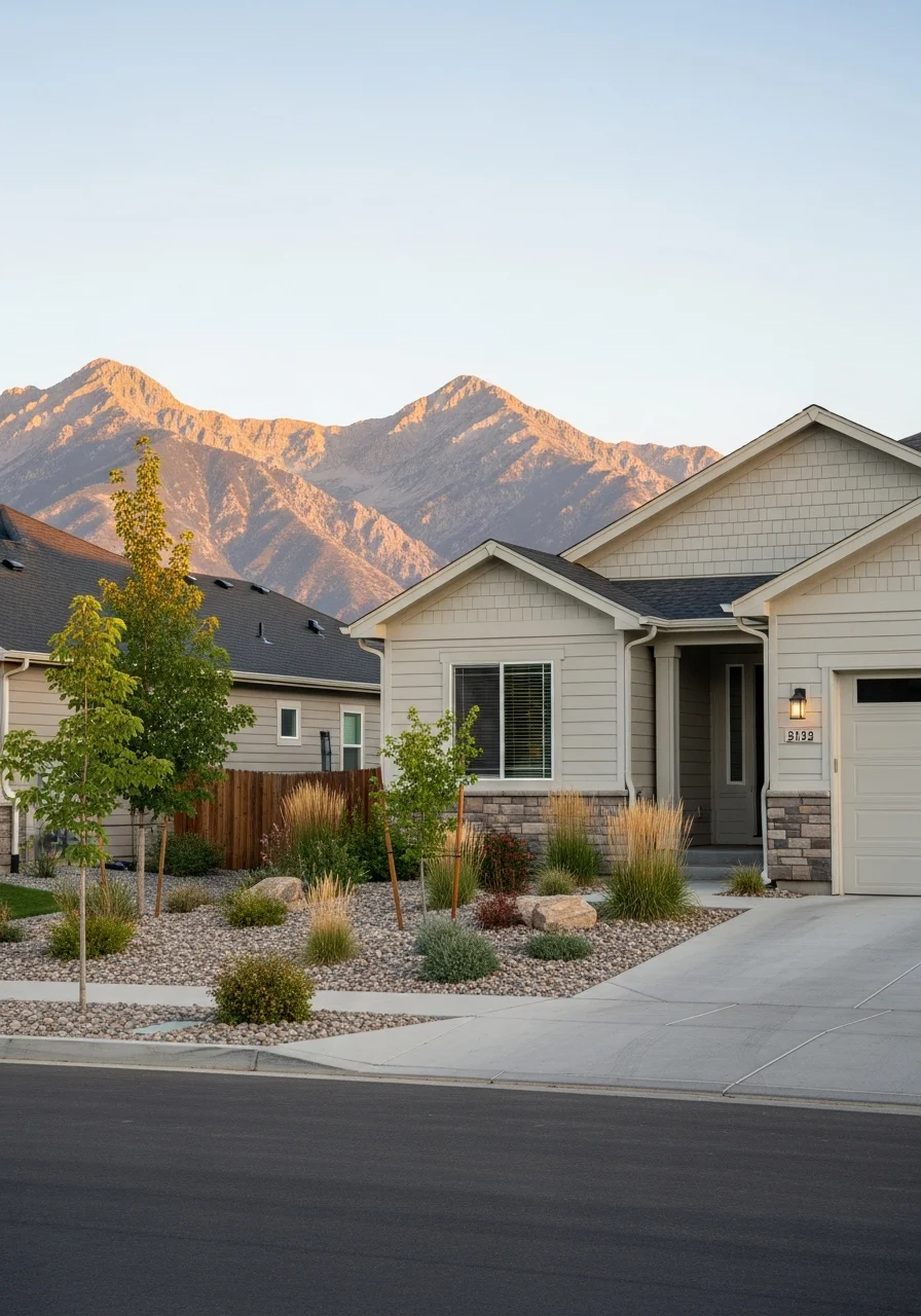 Modern Salt Lake County home with manicured landscaping and mountain views.