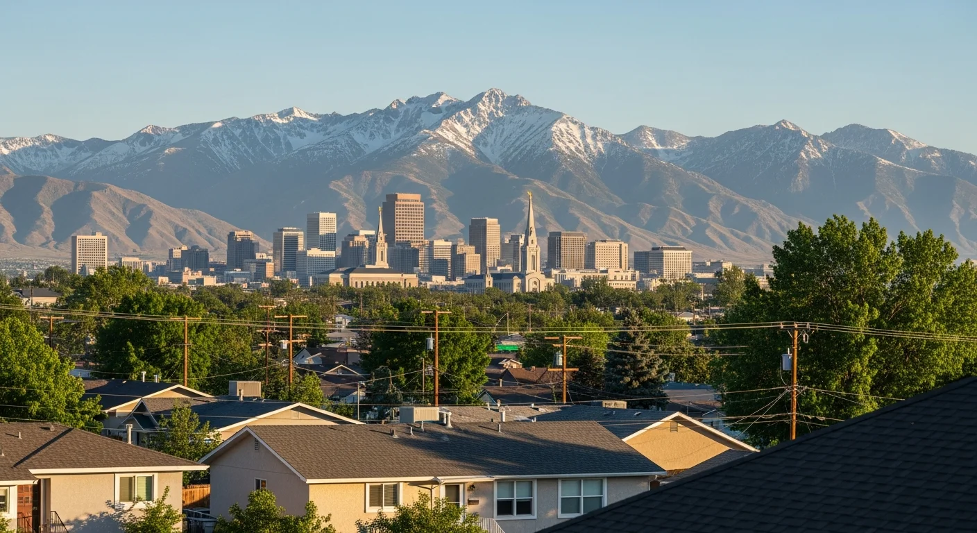 Salt Lake City skyline with Wasatch Mountains in the background and residential neighborhoods in the foreground.