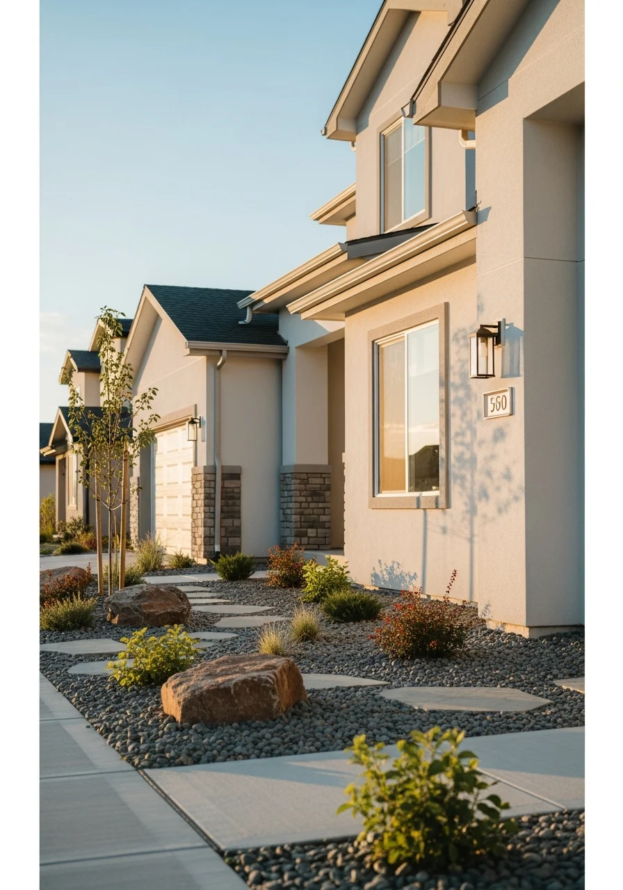 Modern Utah County home in a newer subdivision with contemporary landscaping.