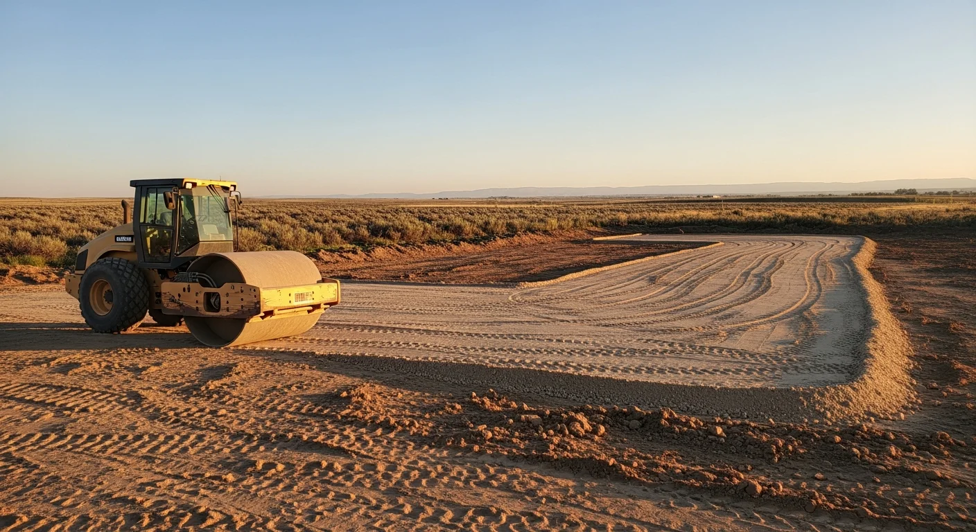 A graded and compacted building site on a semi-arid rural parcel in Duchesne County, Utah, with cleared ground and level soil ready for foundation work. Surrounding terrain shows the rough, sloped landscape typical of the Uintah Basin.