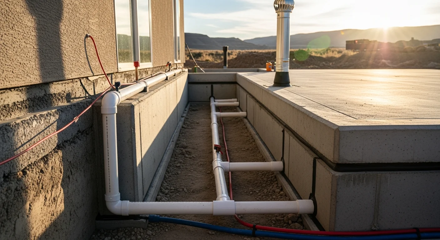 A radon mitigation system installed on the exterior foundation wall of a commercial building in Duchesne County, Utah. A white PVC pipe runs from the sub-slab area up the side of the building, venting radon gas above the roofline.