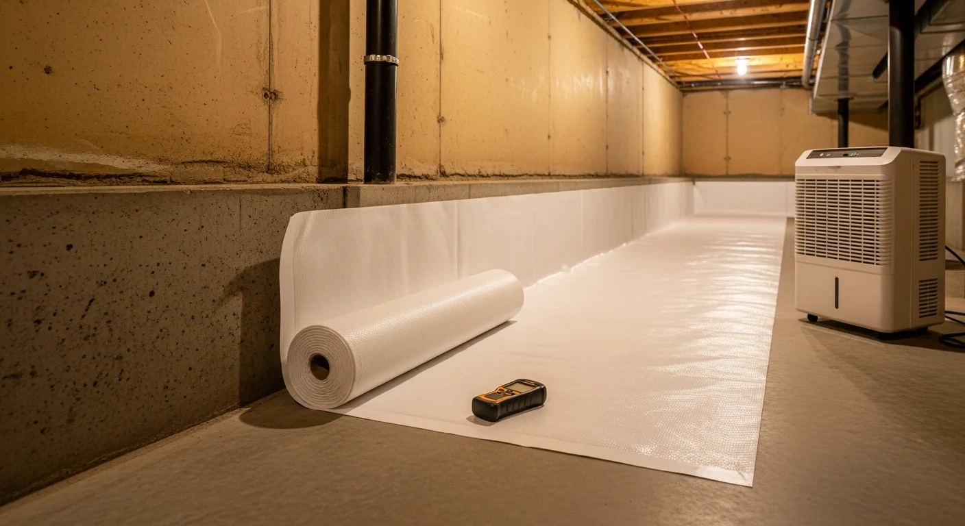 A sealed crawlspace beneath a Duchesne County home with a white heavy-duty polyethylene barrier covering the soil floor and foundation walls. The space is dry, clean, and free of exposed dirt or open vents.