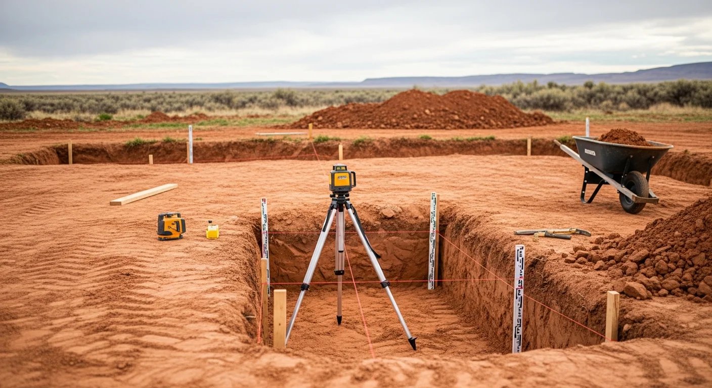 A graded and compacted building site in Duchesne County, Utah, with cleared soil ready for footing placement. The surrounding terrain shows the high-desert landscape typical of the Uintah Basin region.