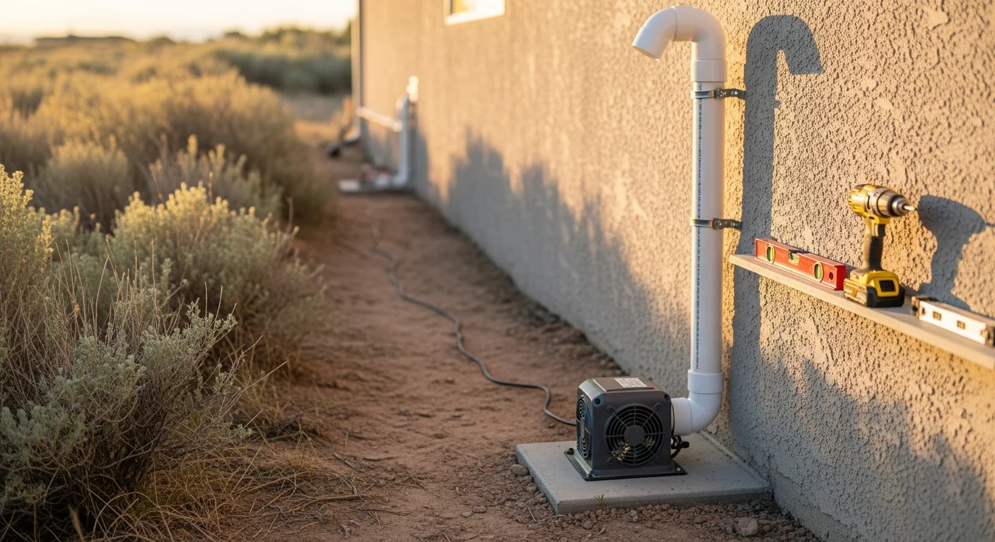 A radon mitigation system vent pipe running along the exterior wall of a single-family home in Duchesne County, Utah, with a fan unit mounted above the foundation. The pipe extends above the roofline to safely exhaust radon gas away from the home.