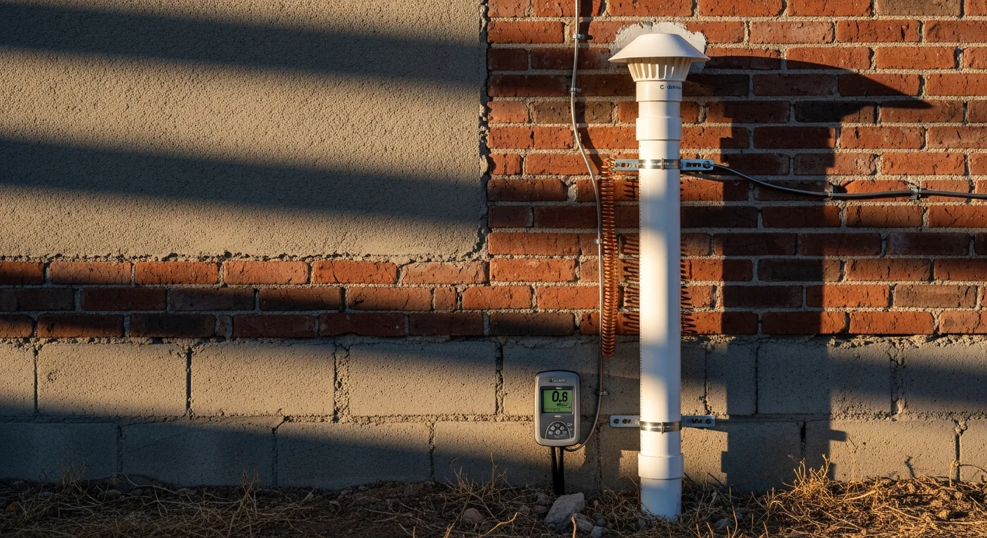 A radon mitigation pipe and fan unit installed along the exterior wall of a single-story home in Duchesne County, Utah, with the vent pipe extending above the roofline. The system is mounted cleanly against the foundation on a clear day with the Uinta Basin landscape visible in the background.