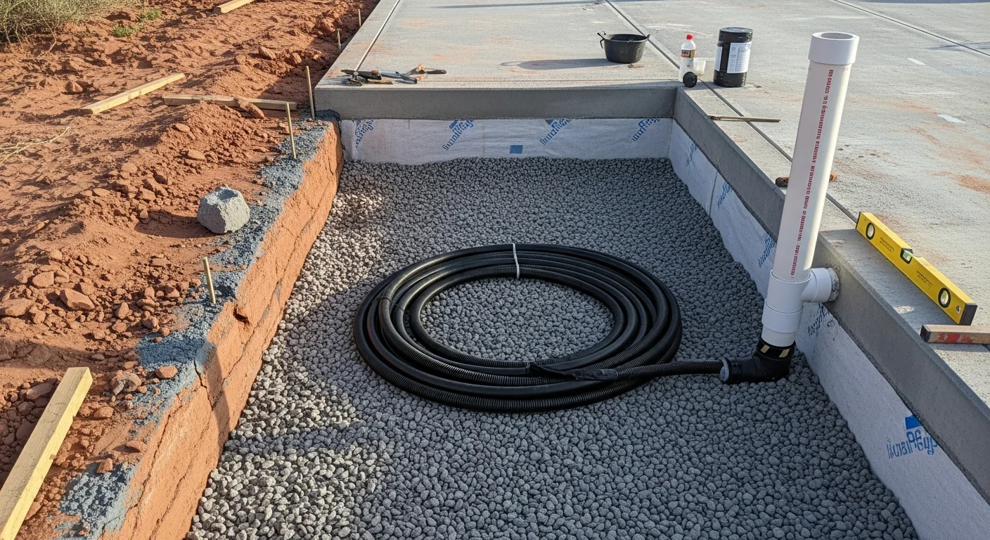 A new home foundation in Duchesne County, Utah, with a sub-slab gas collection pipe and vapor barrier installed before the concrete slab is poured. A white PVC vent pipe extends upward through the framed wall toward the roofline as part of a radon resistant new construction system.