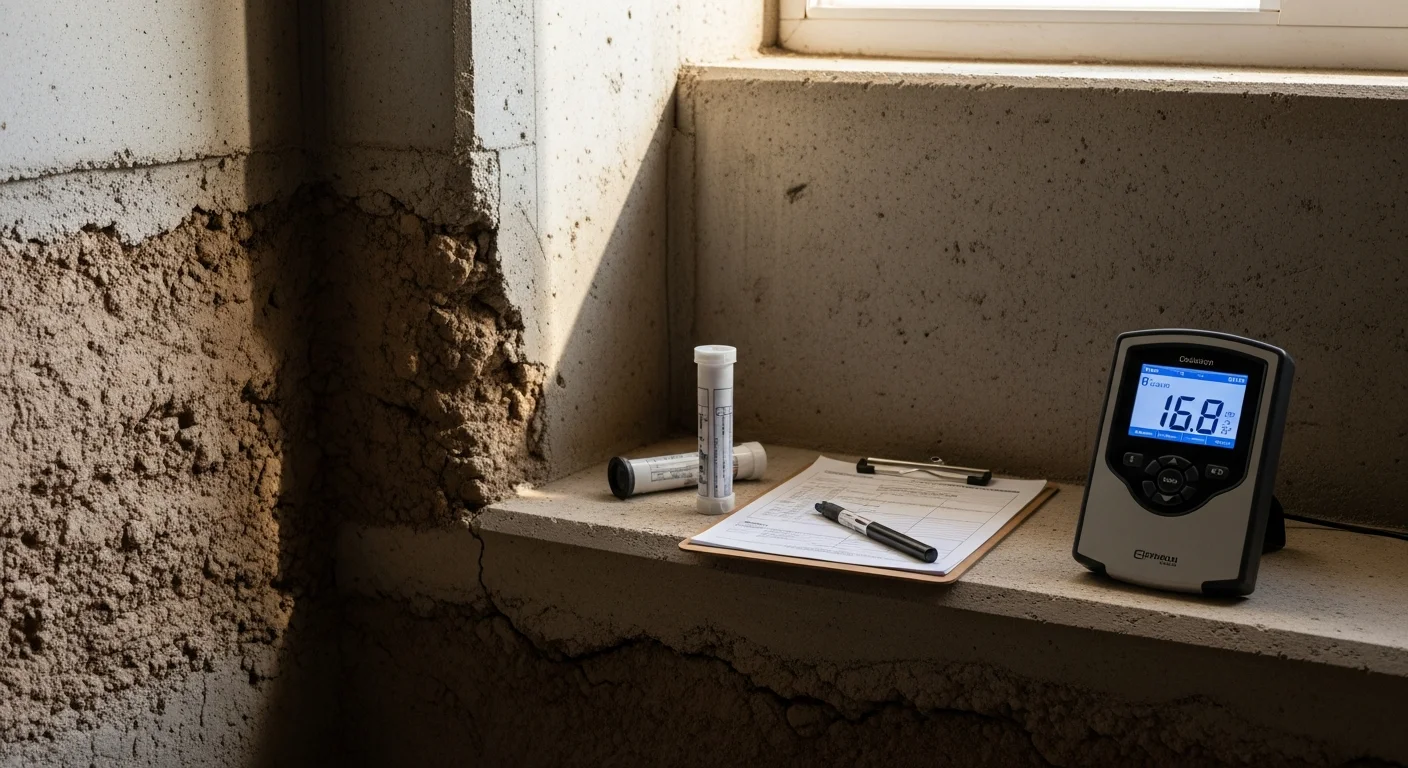 A radon test device placed on the floor of a finished basement in a single-family home in Duchesne County, Utah. The surrounding foundation wall and concrete floor are visible, showing the ground-level placement used during a professional radon test.